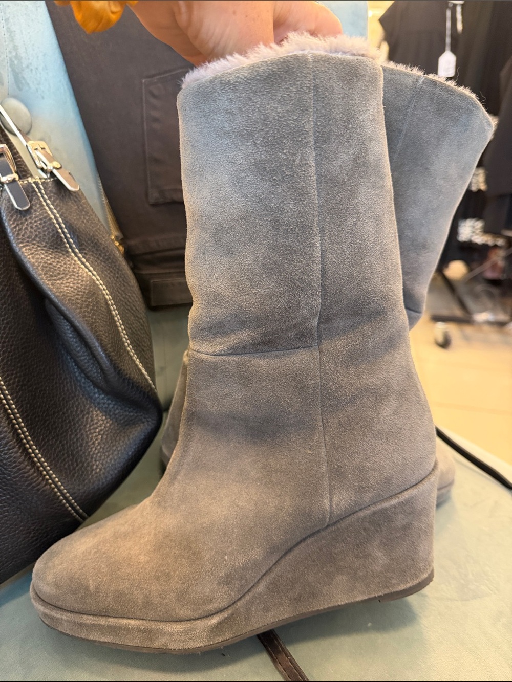 Aquatalia Grey Suede Shearling-Lined Wedge Boots